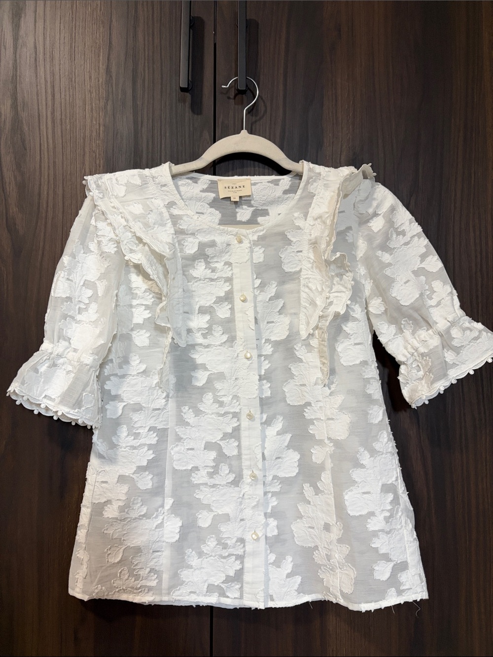 Sezane White Floral Embroidered Button-Front Top women 36